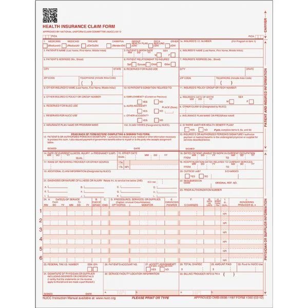 CMS 1500 Claim Form, Laser, 20 lb, 8-1/2